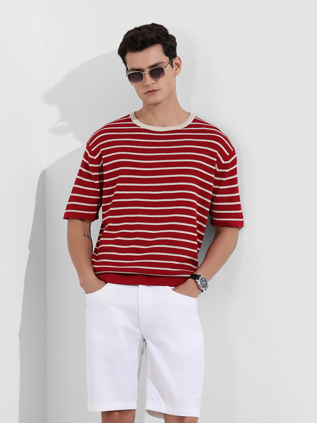 Men's Maroon Oversized Fit Textured Flat Knit T-Shirt