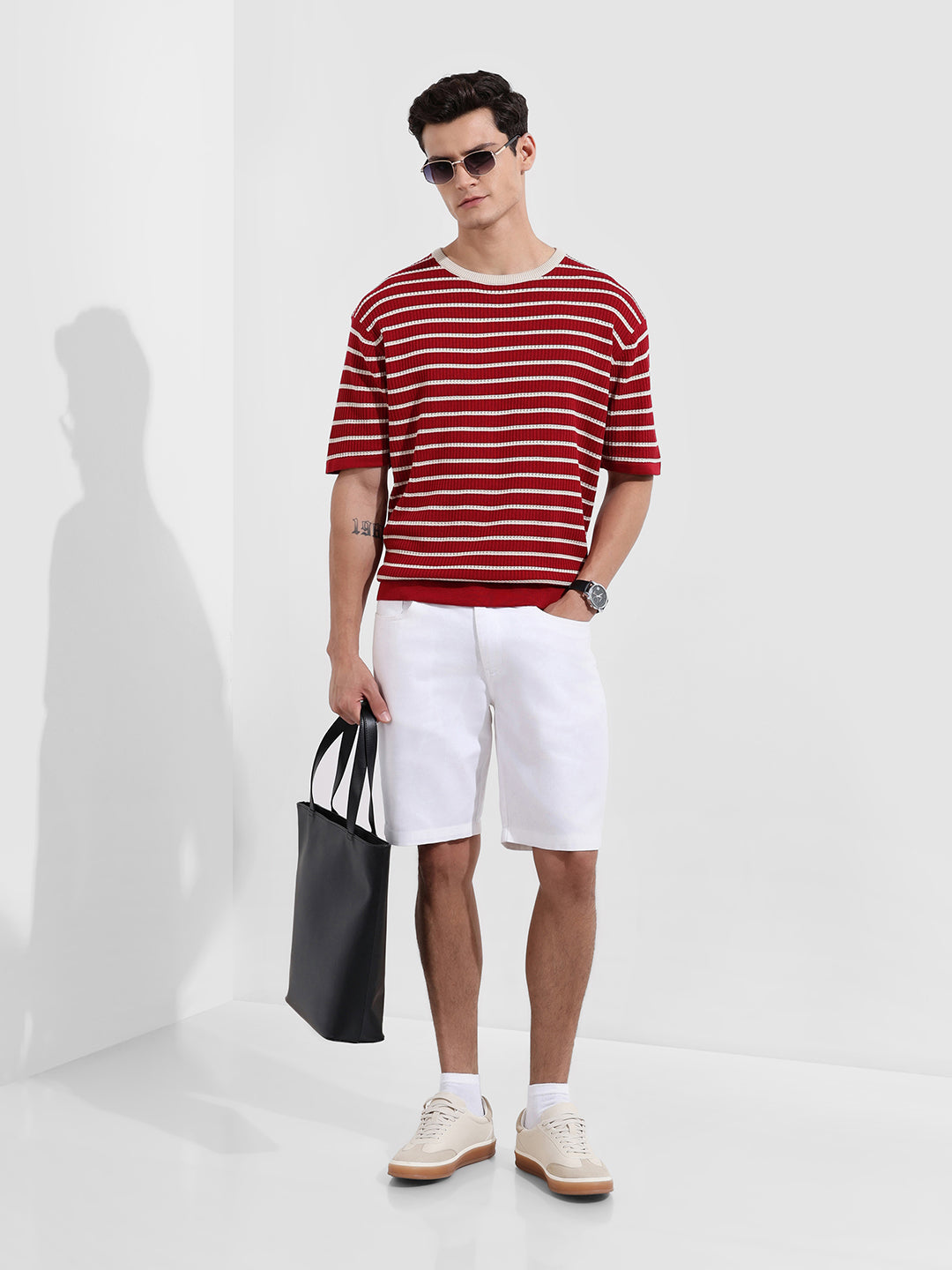 Men's Maroon Oversized Fit Textured Flat Knit T-Shirt