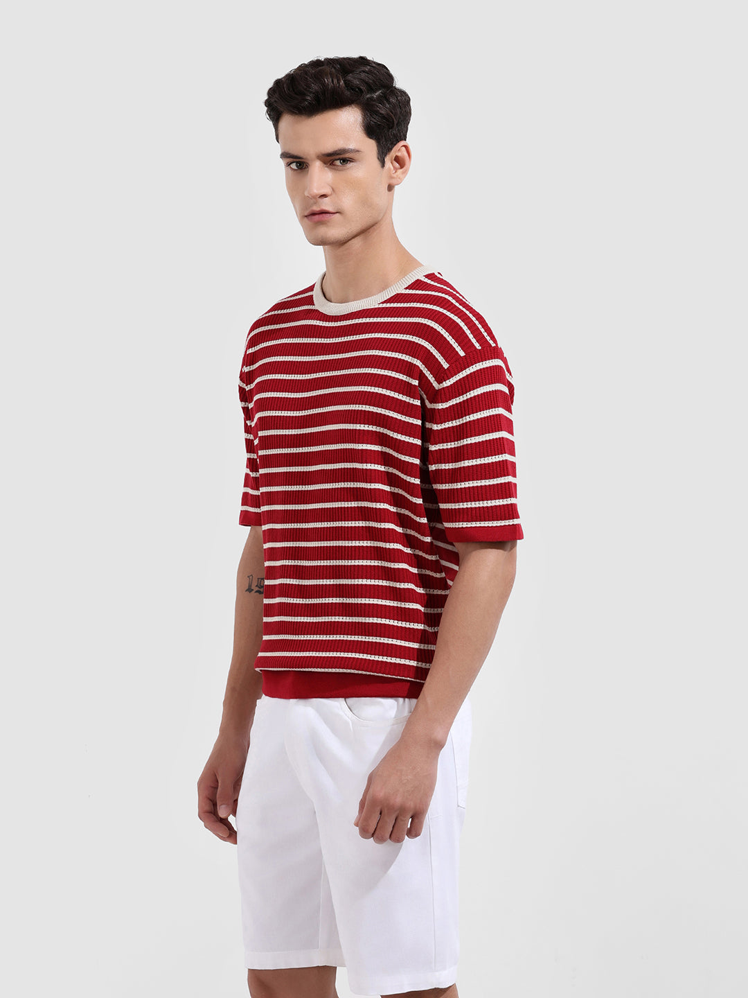 Men's Maroon Oversized Fit Textured Flat Knit T-Shirt