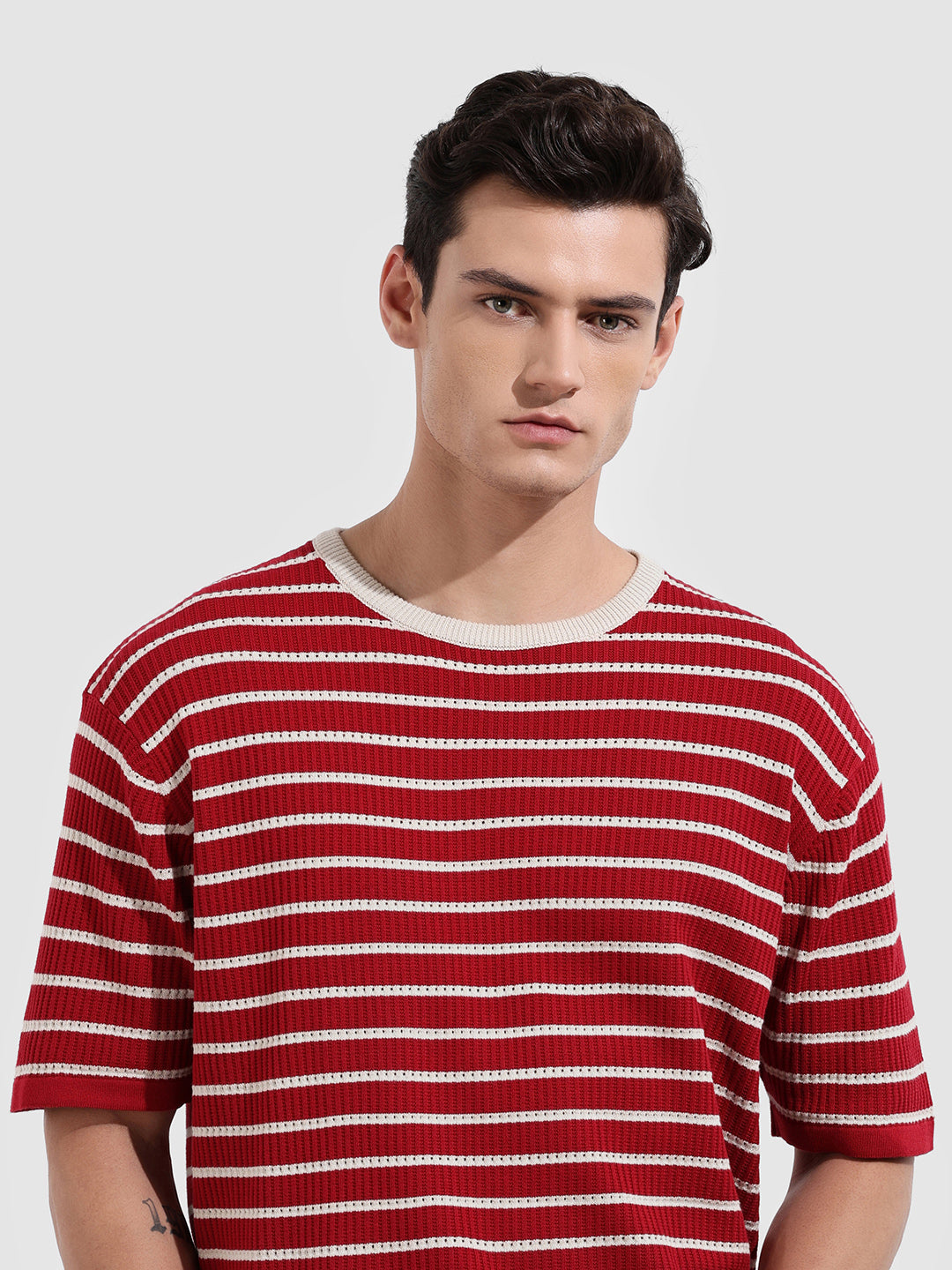 Men's Maroon Oversized Fit Textured Flat Knit T-Shirt
