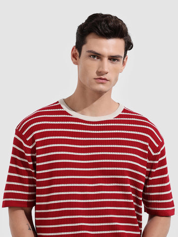 Men's Maroon Oversized Fit Textured Flat Knit T-Shirt