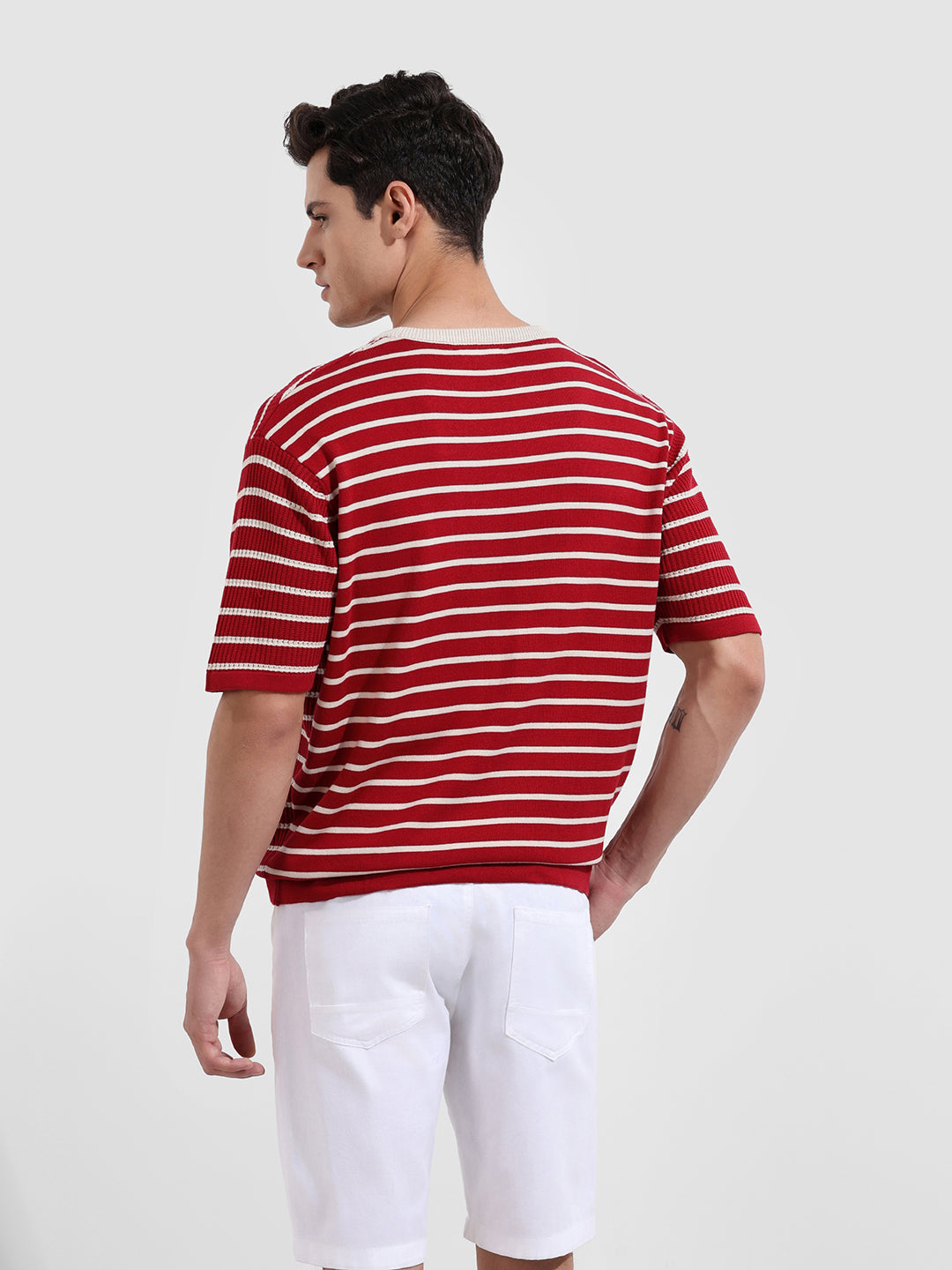 Men's Maroon Oversized Fit Textured Flat Knit T-Shirt