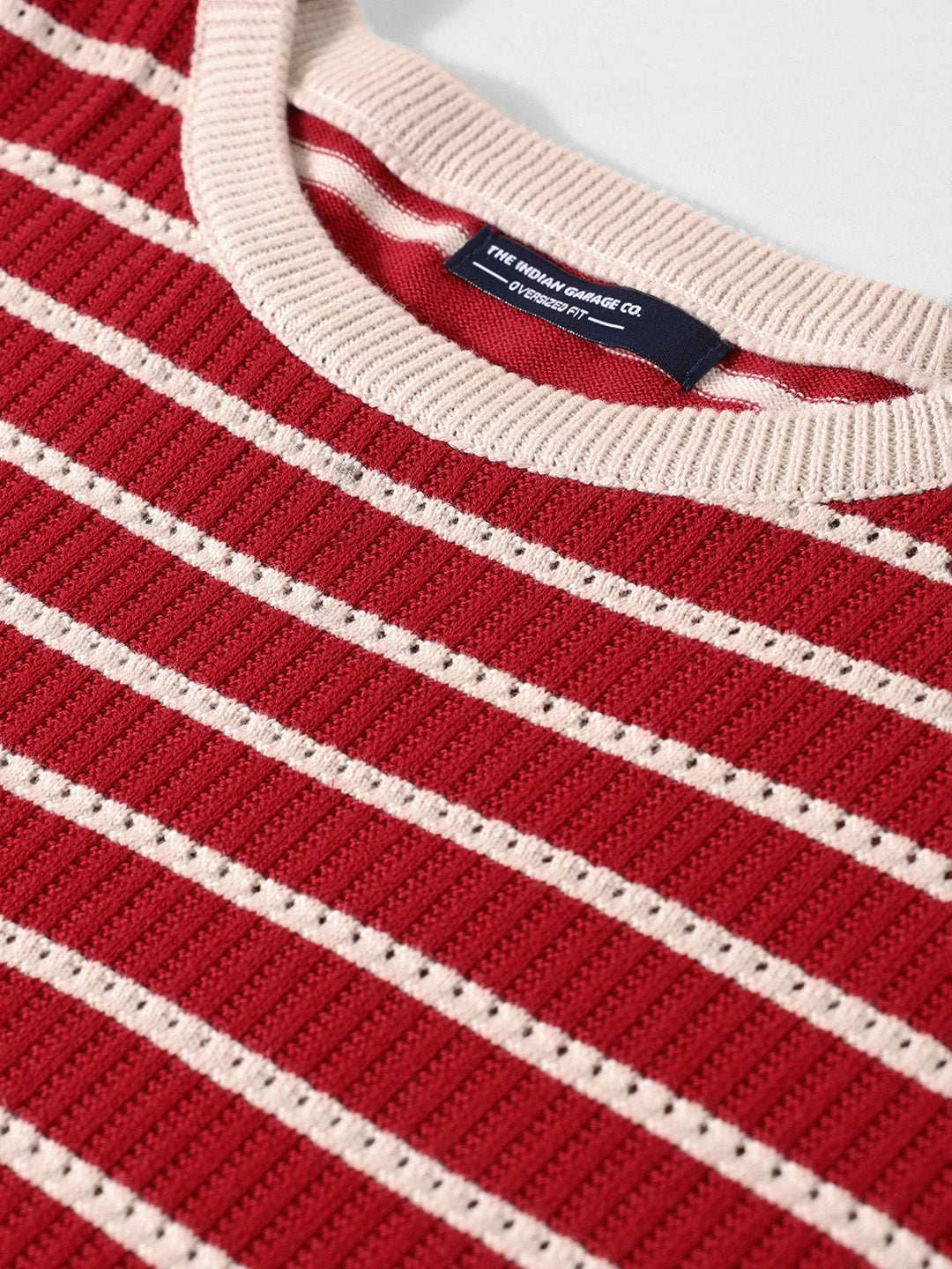 Men's Maroon Oversized Fit Textured Flat Knit T-Shirt