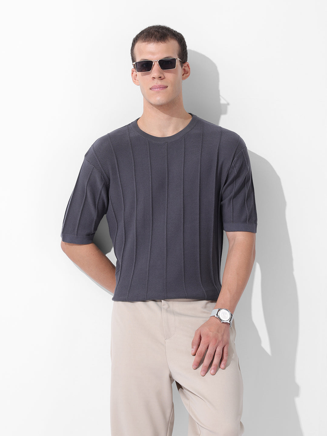 Men's Grey Oversized Fit Textured Flat Knit Crew Neck T-Shirt