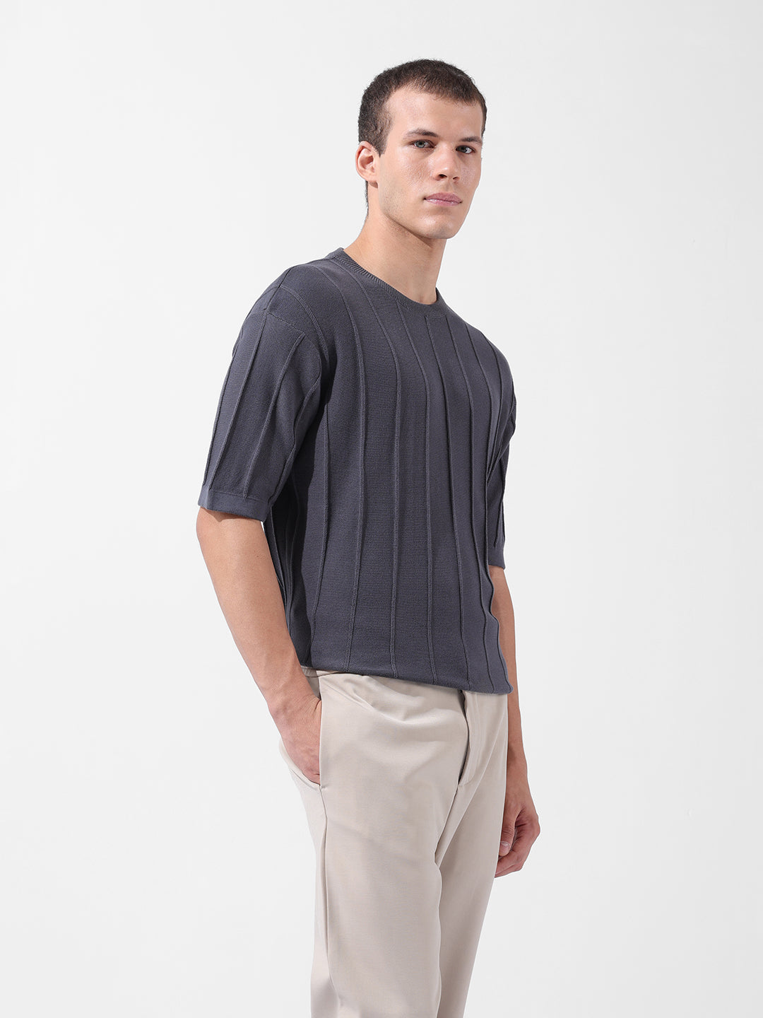 Men's Grey Oversized Fit Textured Flat Knit Crew Neck T-Shirt