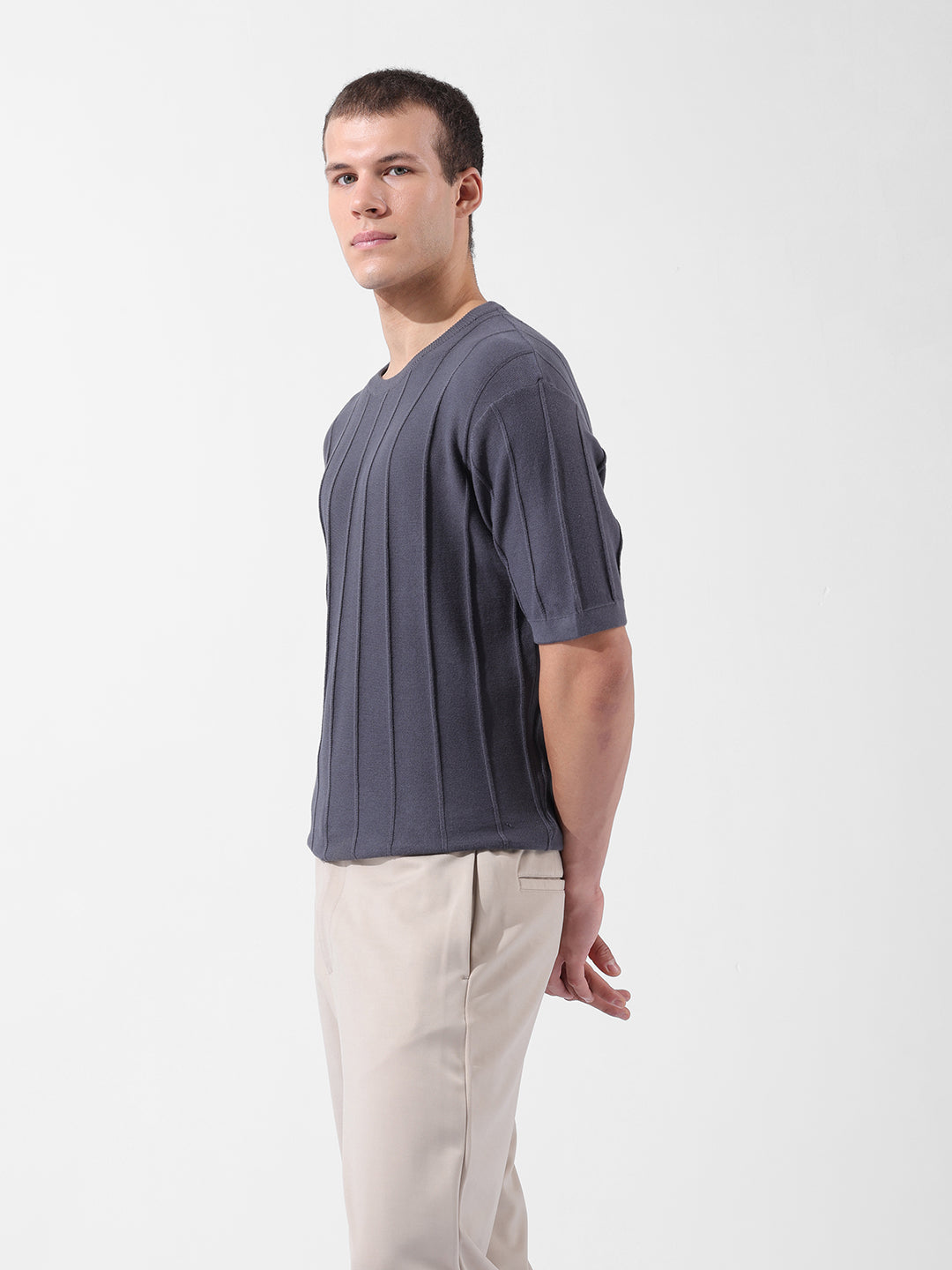 Men's Grey Oversized Fit Textured Flat Knit Crew Neck T-Shirt