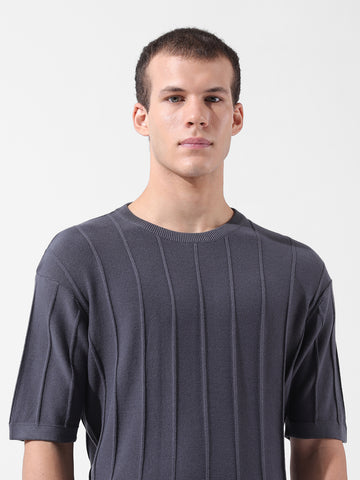 Men's Grey Oversized Fit Textured Flat Knit Crew Neck T-Shirt
