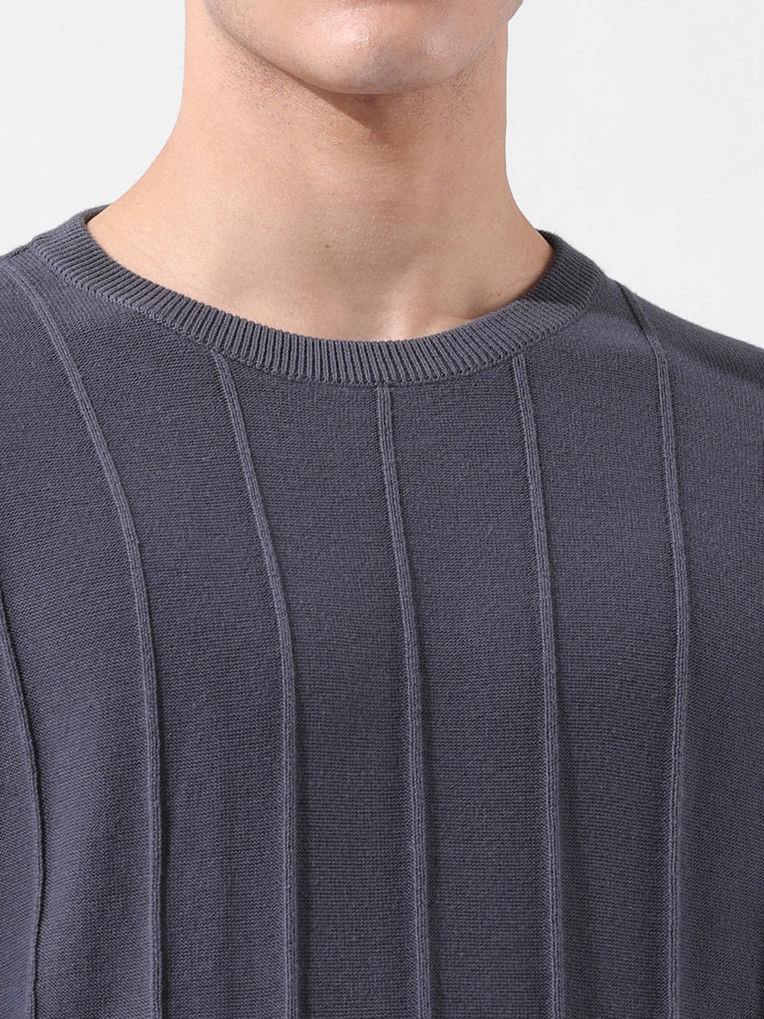 Men's Grey Oversized Fit Textured Flat Knit Crew Neck T-Shirt