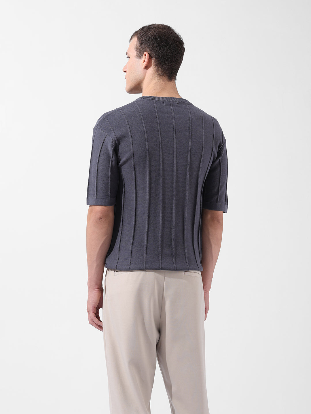 Men's Grey Oversized Fit Textured Flat Knit Crew Neck T-Shirt