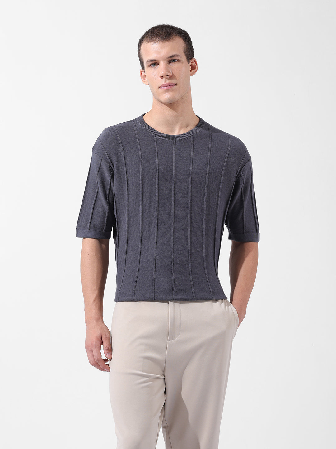 Men's Grey Oversized Fit Textured Flat Knit Crew Neck T-Shirt