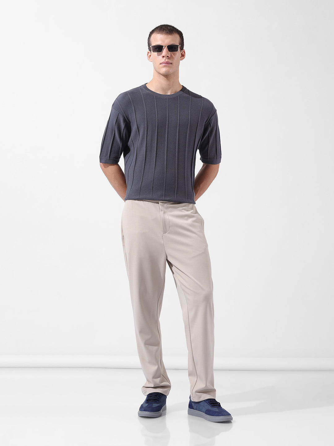 Men's Grey Oversized Fit Textured Flat Knit Crew Neck T-Shirt