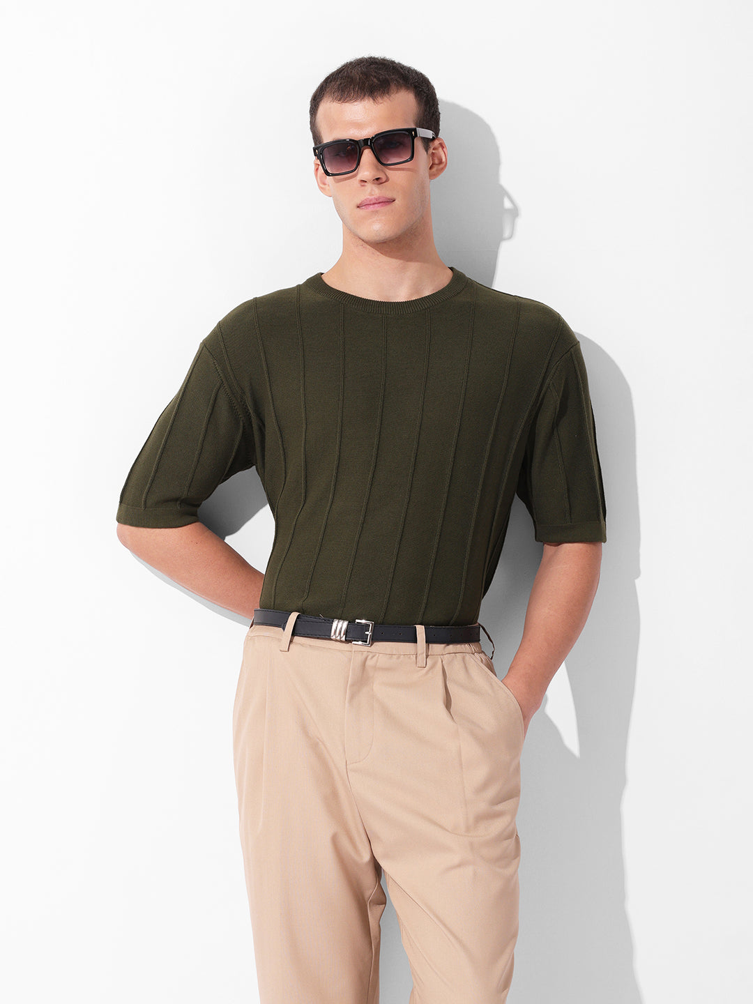 Men's Green Oversized Fit Textured Flat Knit Crew Neck T-Shirt