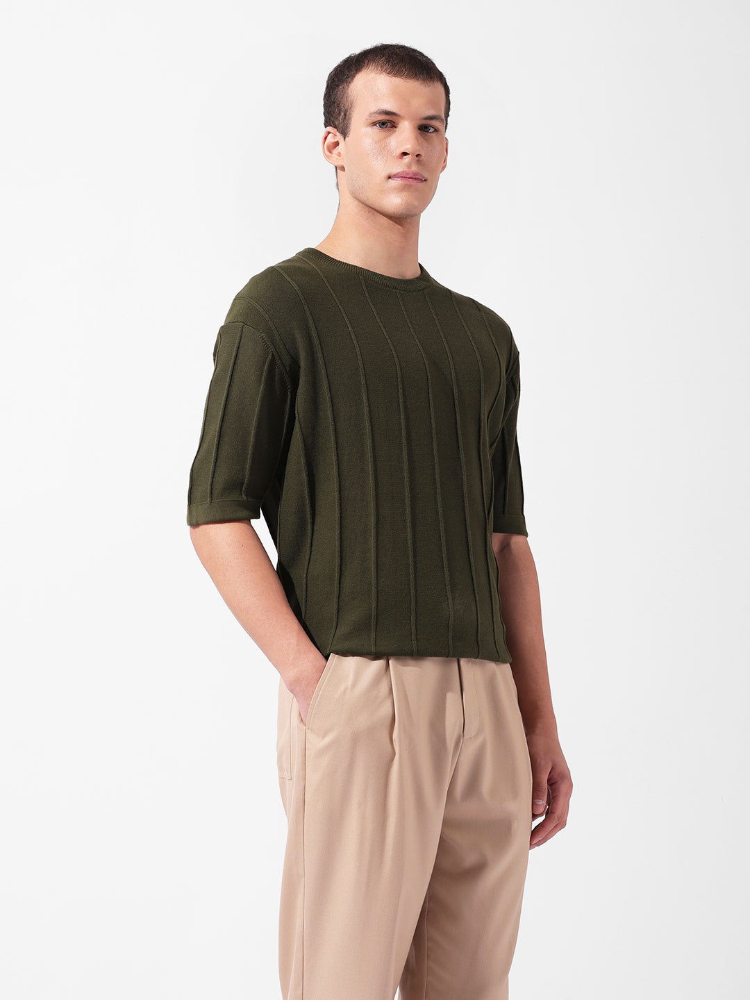 Men's Green Oversized Fit Textured Flat Knit Crew Neck T-Shirt