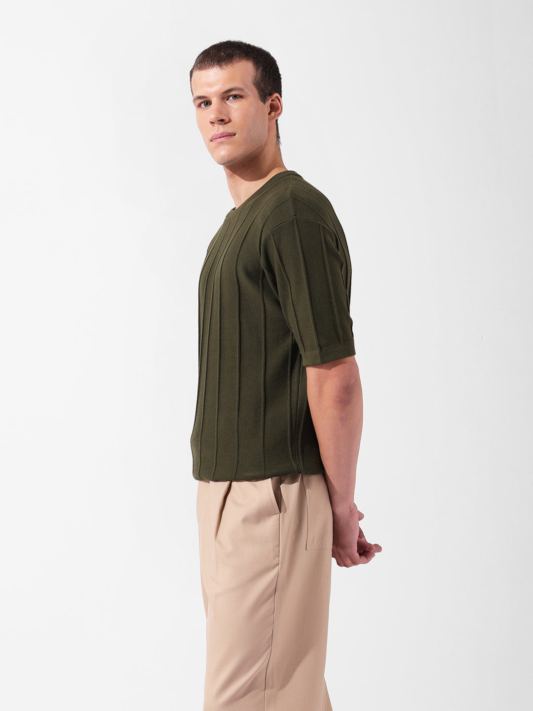 Men's Green Oversized Fit Textured Flat Knit Crew Neck T-Shirt
