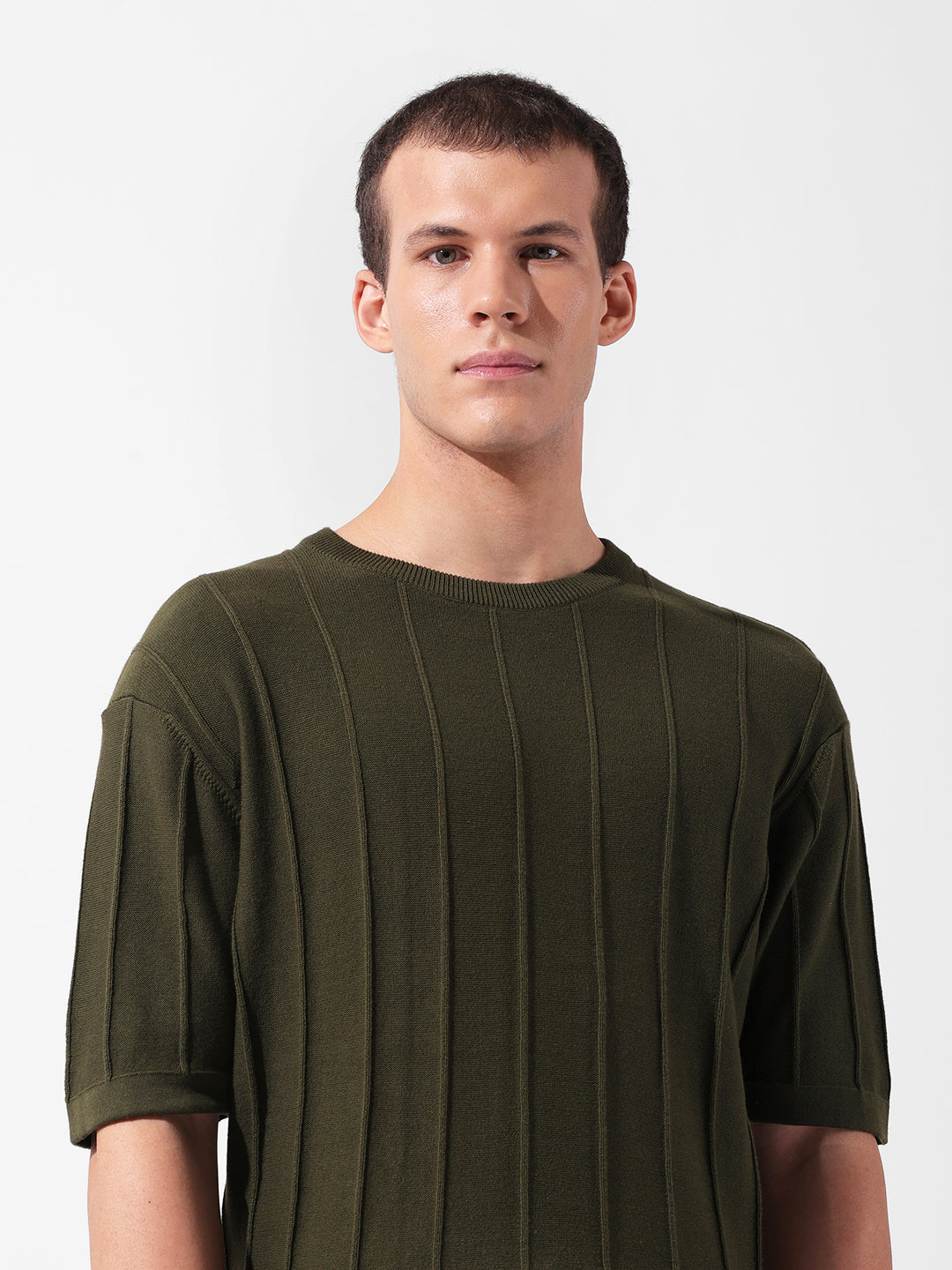 Men's Green Oversized Fit Textured Flat Knit Crew Neck T-Shirt