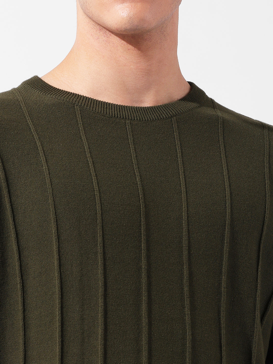 Men's Green Oversized Fit Textured Flat Knit Crew Neck T-Shirt