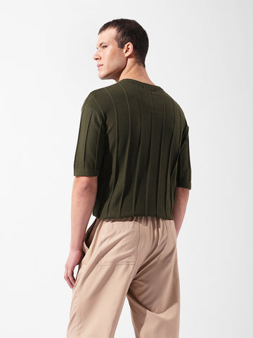 Men's Green Oversized Fit Textured Flat Knit Crew Neck T-Shirt