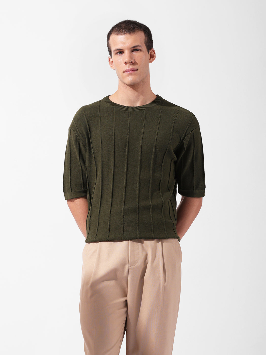 Men's Green Oversized Fit Textured Flat Knit Crew Neck T-Shirt