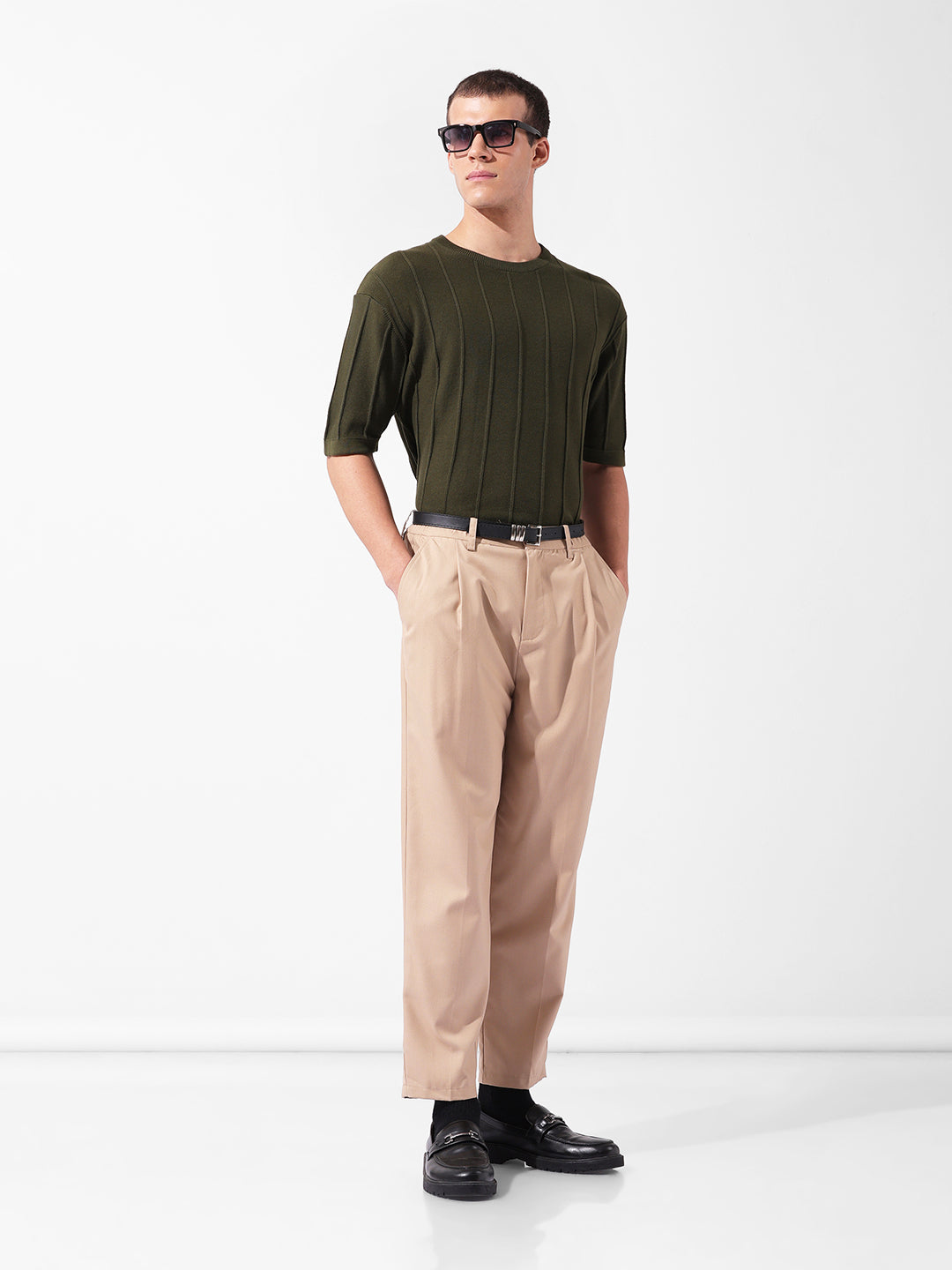 Men's Green Oversized Fit Textured Flat Knit Crew Neck T-Shirt