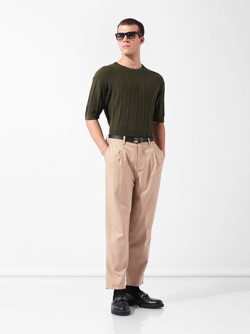 Men's Green Oversized Fit Textured Flat Knit Crew Neck T-Shirt