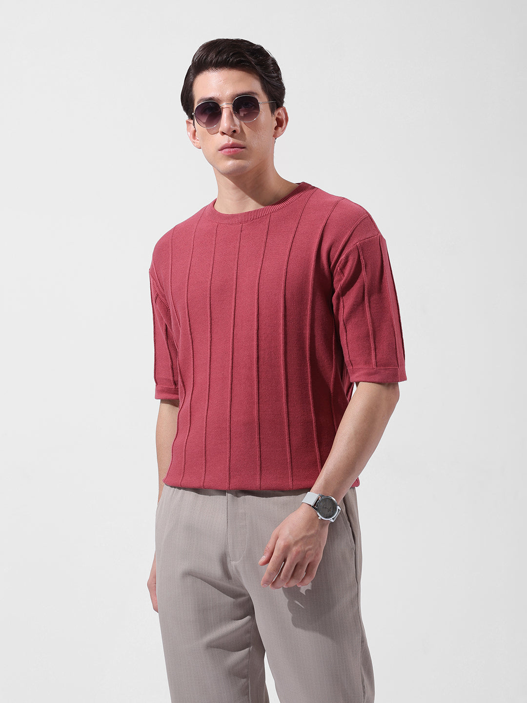 Men's Rust Oversized Fit Textured Flat Knit Crew Neck T-Shirt