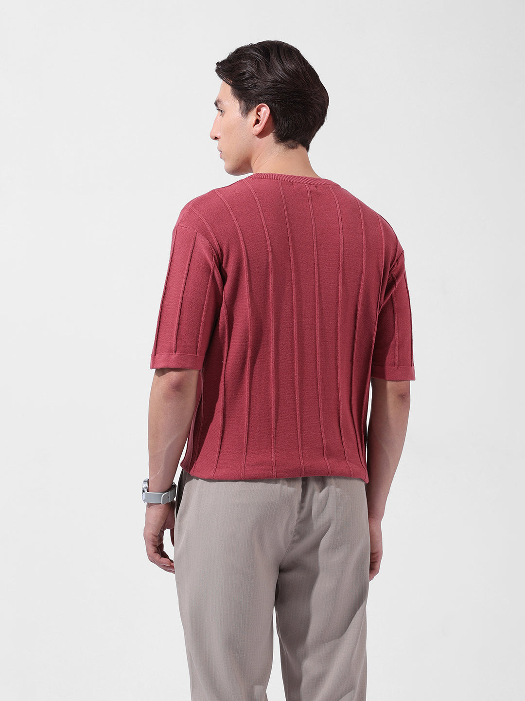 Men's Rust Oversized Fit Textured Flat Knit Crew Neck T-Shirt