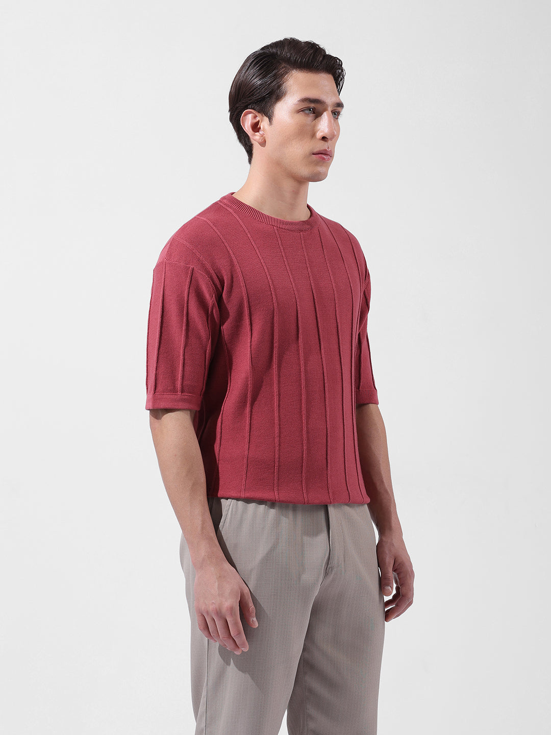Men's Rust Oversized Fit Textured Flat Knit Crew Neck T-Shirt