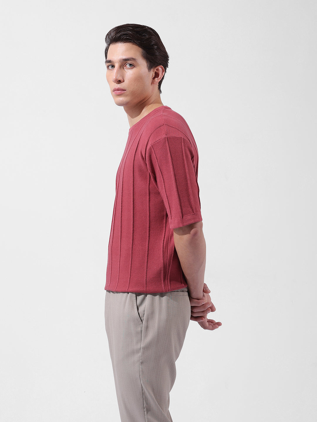 Men's Rust Oversized Fit Textured Flat Knit Crew Neck T-Shirt