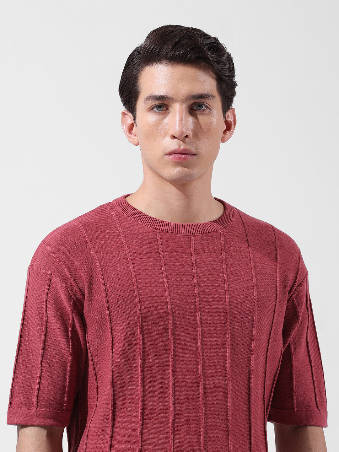 Men's Rust Oversized Fit Textured Flat Knit Crew Neck T-Shirt