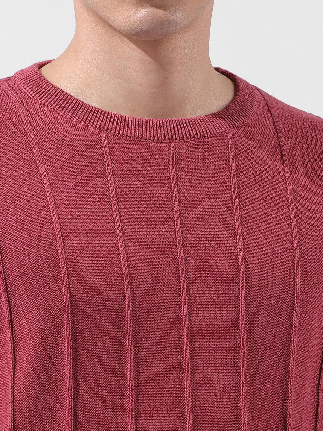 Men's Rust Oversized Fit Textured Flat Knit Crew Neck T-Shirt