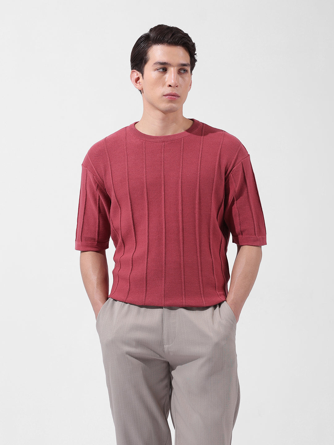 Men's Rust Oversized Fit Textured Flat Knit Crew Neck T-Shirt