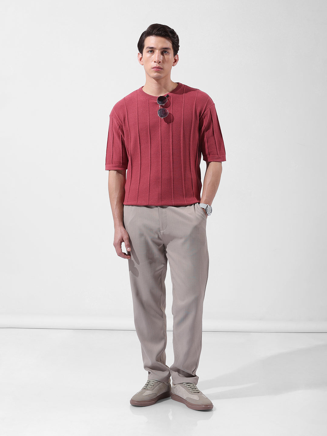 Men's Rust Oversized Fit Textured Flat Knit Crew Neck T-Shirt