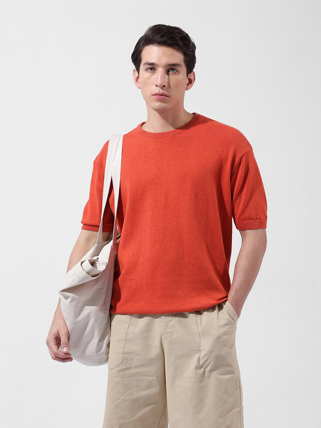 Men's Orange Oversized Fit Textured Flat Knit Crew Neck T-Shirt