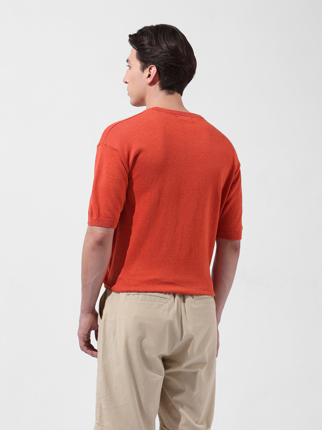 Men's Orange Oversized Fit Textured Flat Knit Crew Neck T-Shirt