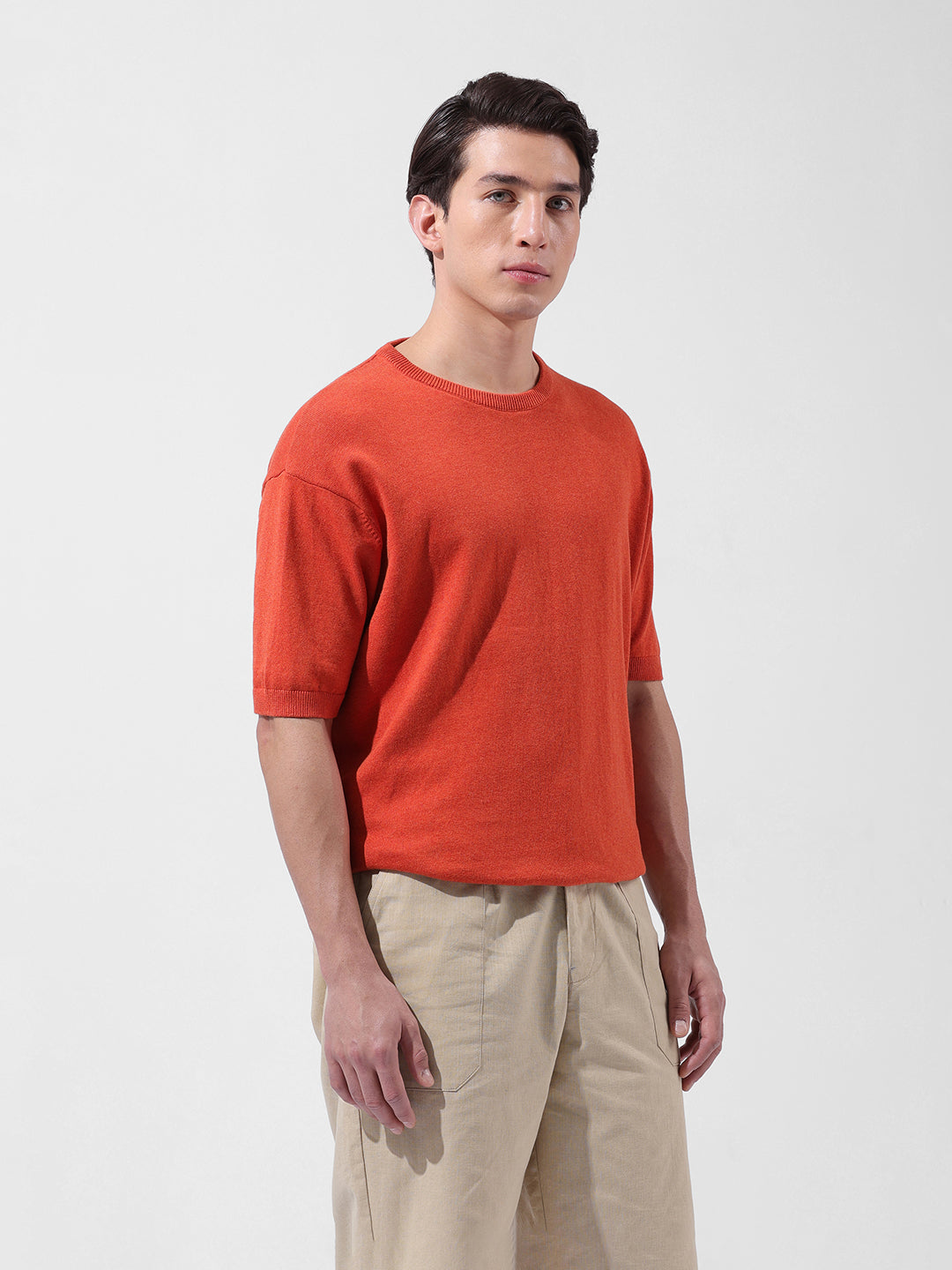 Men's Orange Oversized Fit Textured Flat Knit Crew Neck T-Shirt