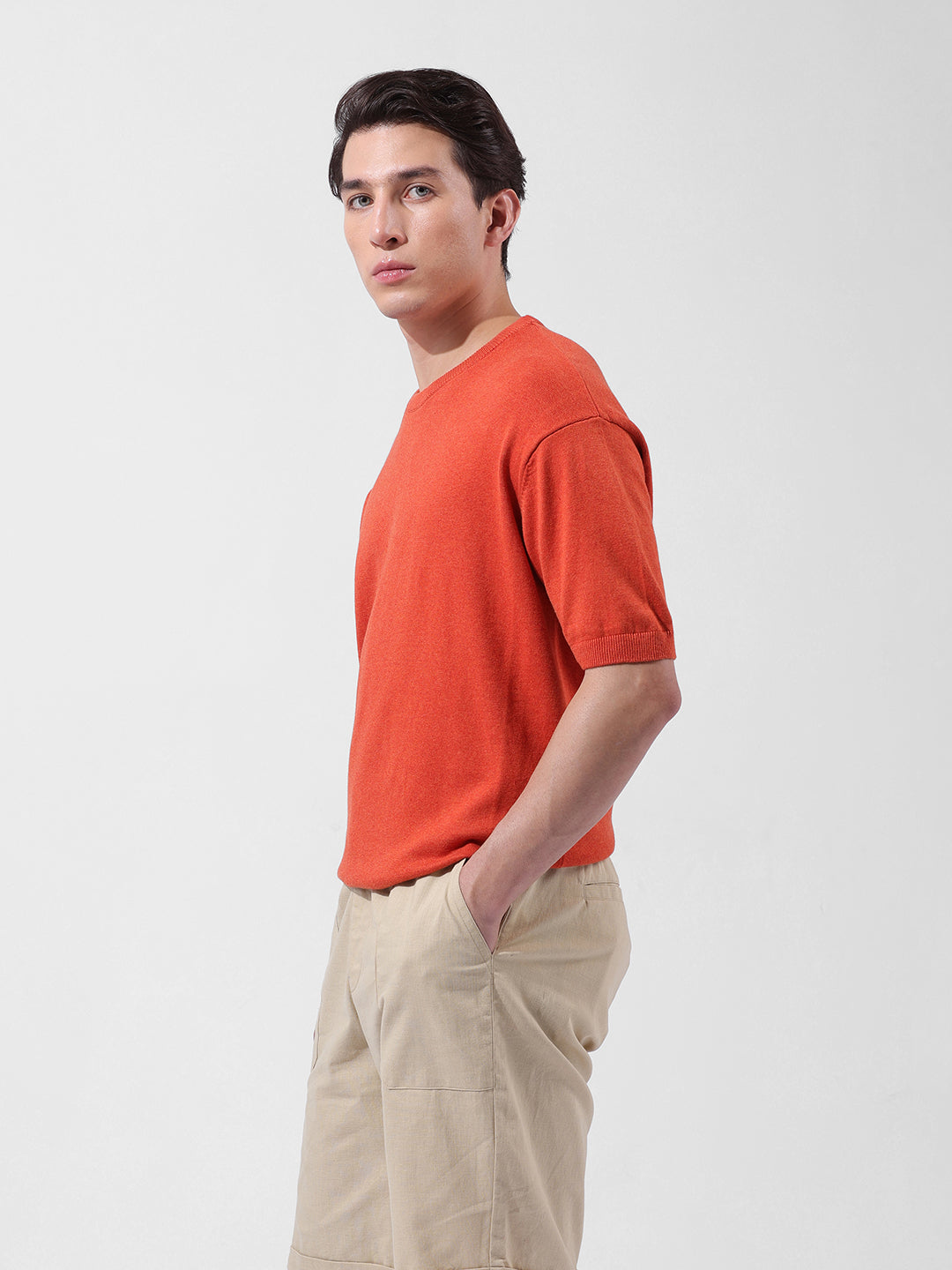 Men's Orange Oversized Fit Textured Flat Knit Crew Neck T-Shirt