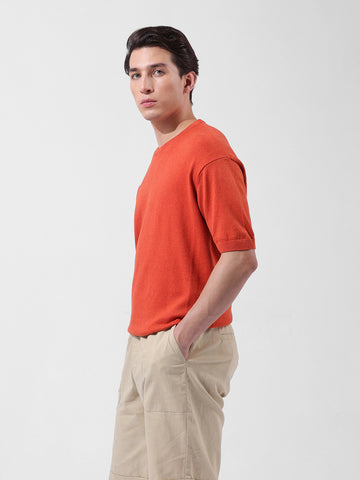 Men's Orange Oversized Fit Textured Flat Knit Crew Neck T-Shirt