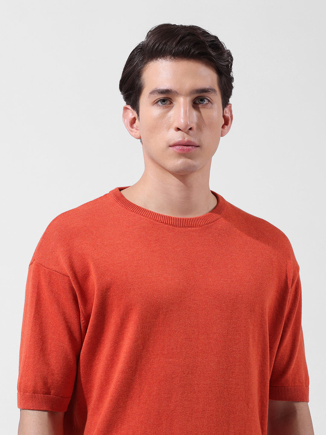 Men's Orange Oversized Fit Textured Flat Knit Crew Neck T-Shirt