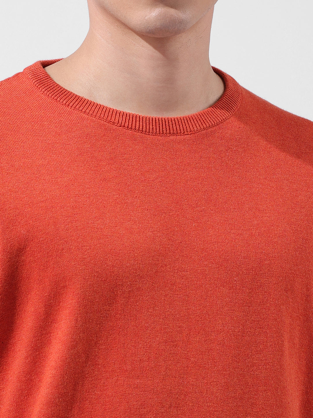 Men's Orange Oversized Fit Textured Flat Knit Crew Neck T-Shirt