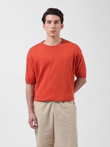 Men's Orange Oversized Fit Textured Flat Knit Crew Neck T-Shirt