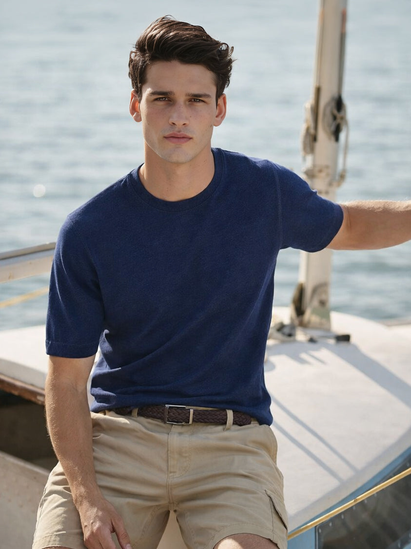 Men's Navy Blue Oversized Fit Textured Flat Knit Crew Neck T-Shirt