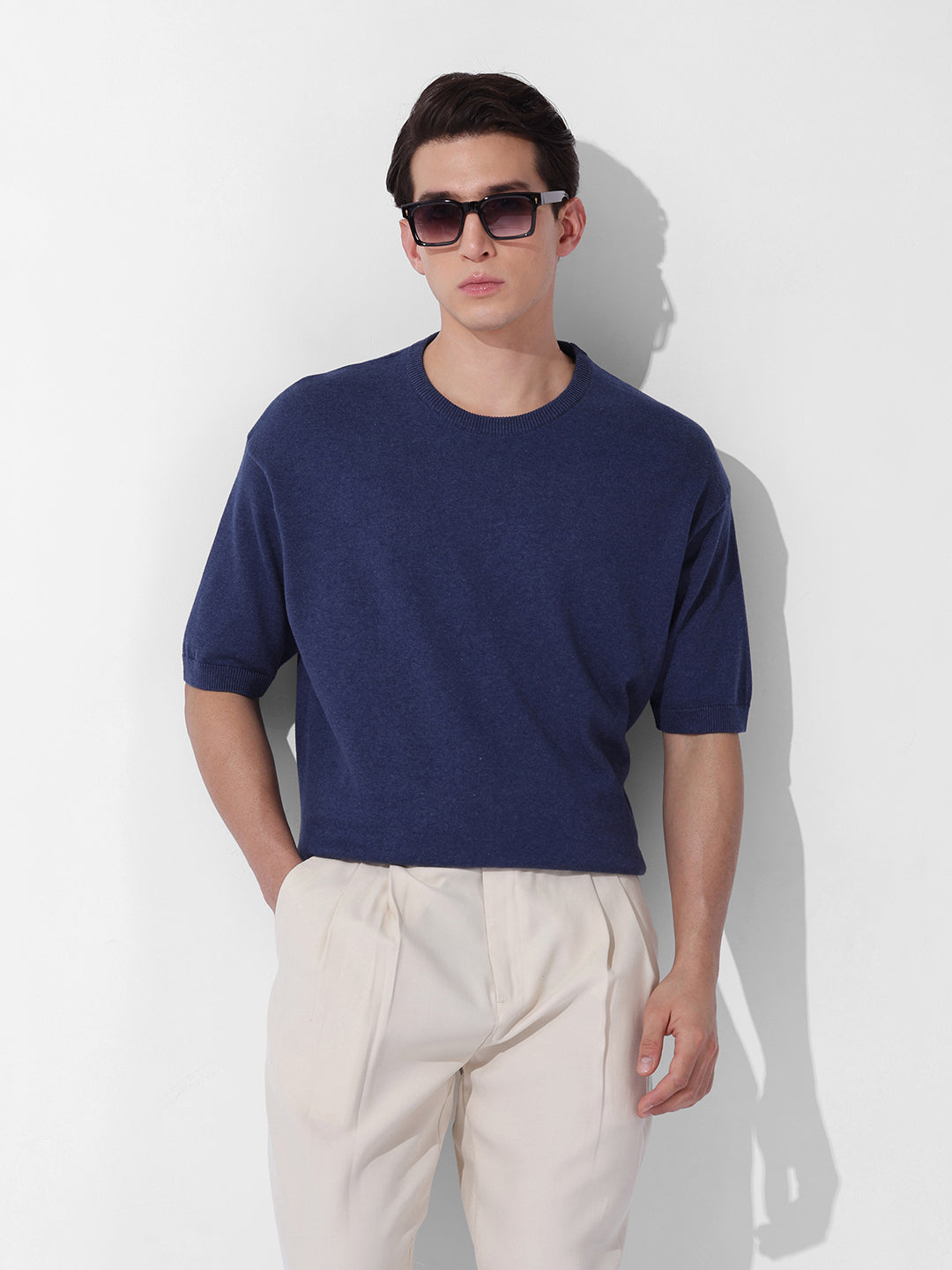 Men's Navy Blue Oversized Fit Textured Flat Knit Crew Neck T-Shirt