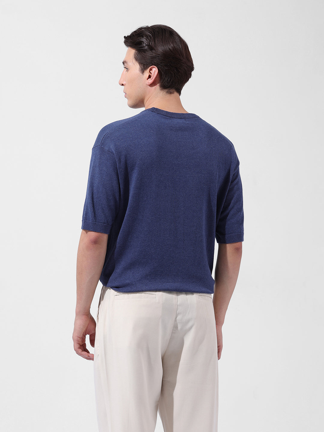 Men's Navy Blue Oversized Fit Textured Flat Knit Crew Neck T-Shirt