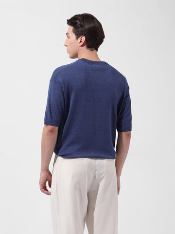 Men's Navy Blue Oversized Fit Textured Flat Knit Crew Neck T-Shirt