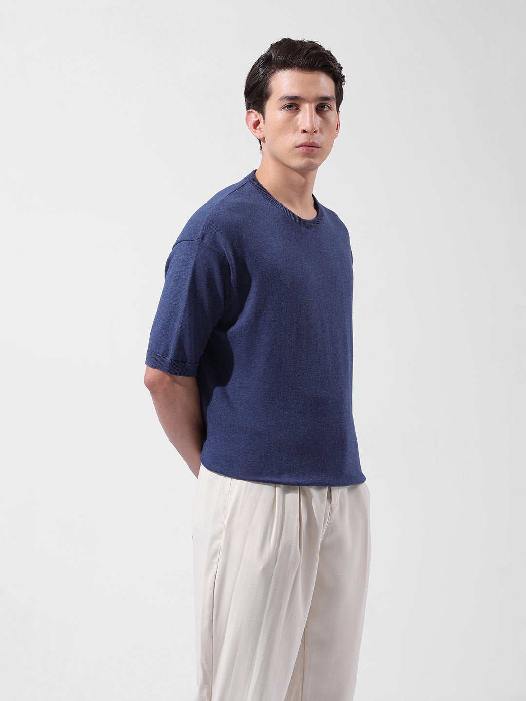 Men's Navy Blue Oversized Fit Textured Flat Knit Crew Neck T-Shirt
