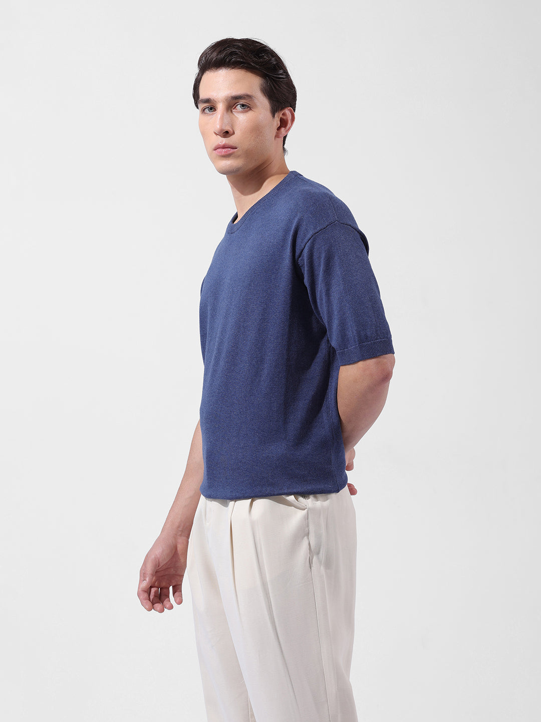 Men's Navy Blue Oversized Fit Textured Flat Knit Crew Neck T-Shirt