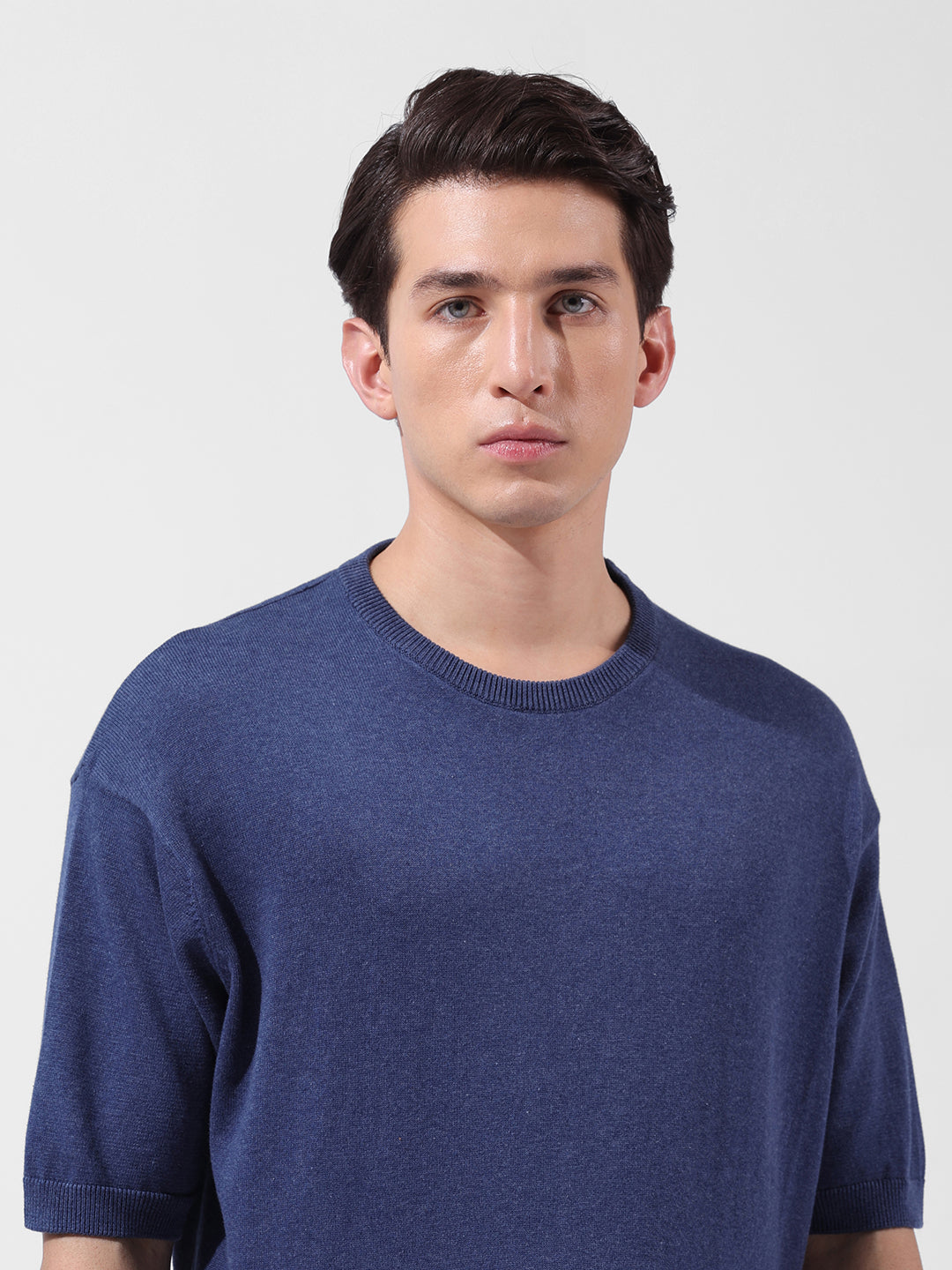 Men's Navy Blue Oversized Fit Textured Flat Knit Crew Neck T-Shirt
