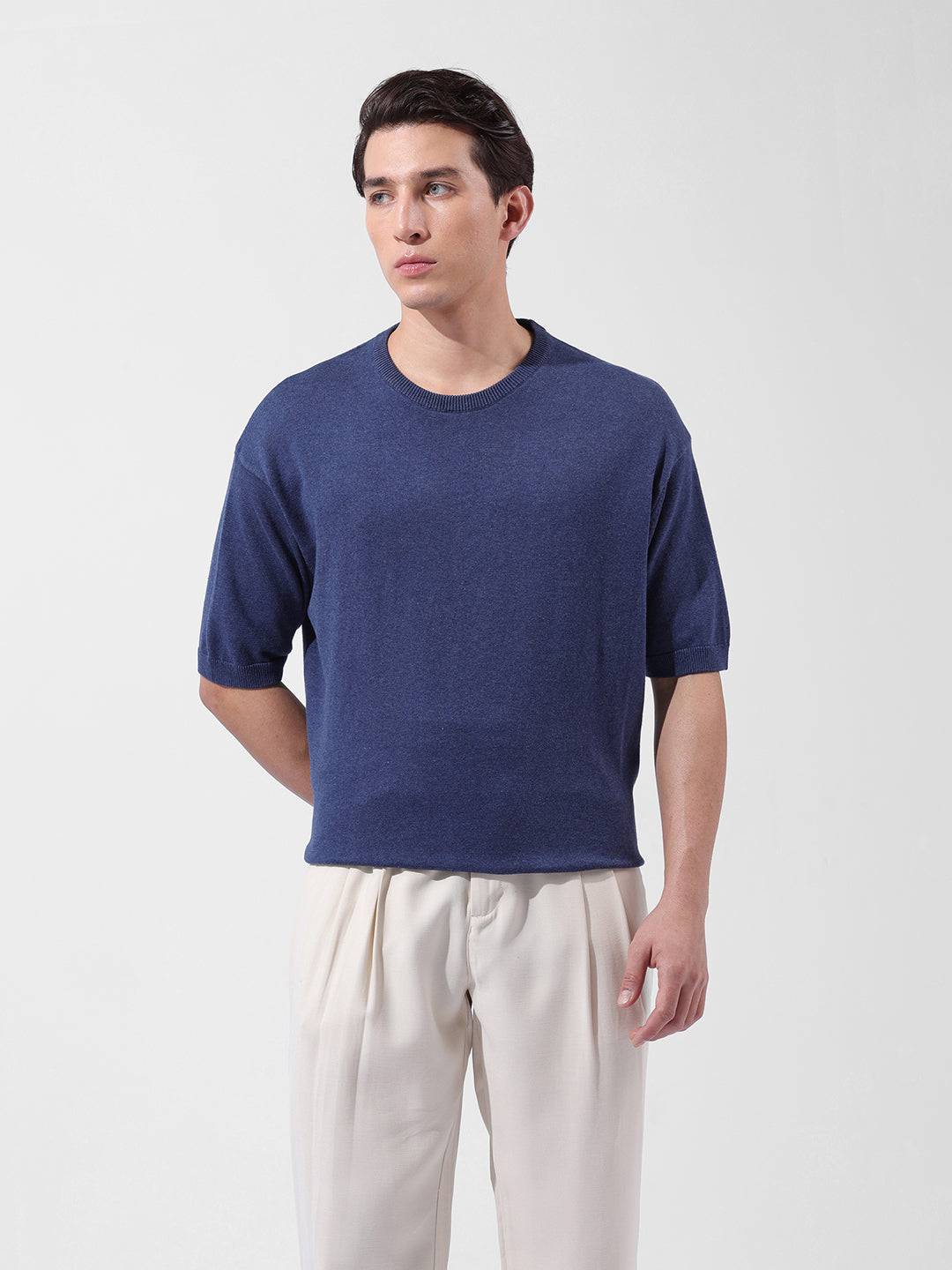 Men's Navy Blue Oversized Fit Textured Flat Knit Crew Neck T-Shirt