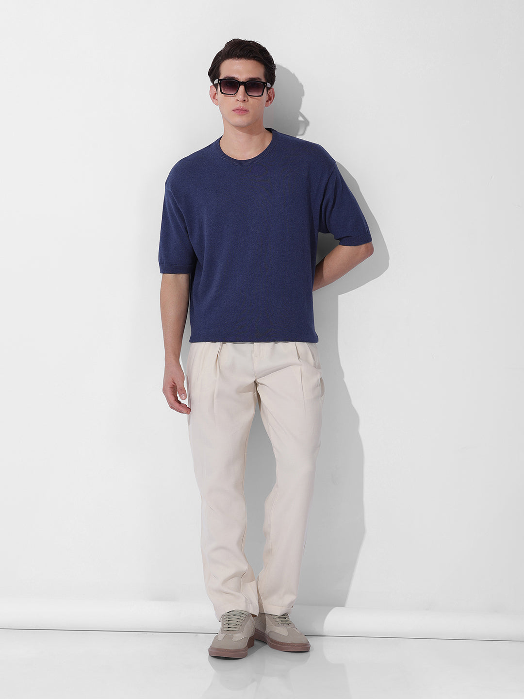Men's Navy Blue Oversized Fit Textured Flat Knit Crew Neck T-Shirt