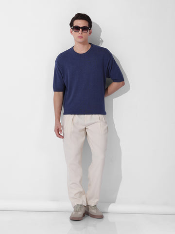 Men's Navy Blue Oversized Fit Textured Flat Knit Crew Neck T-Shirt